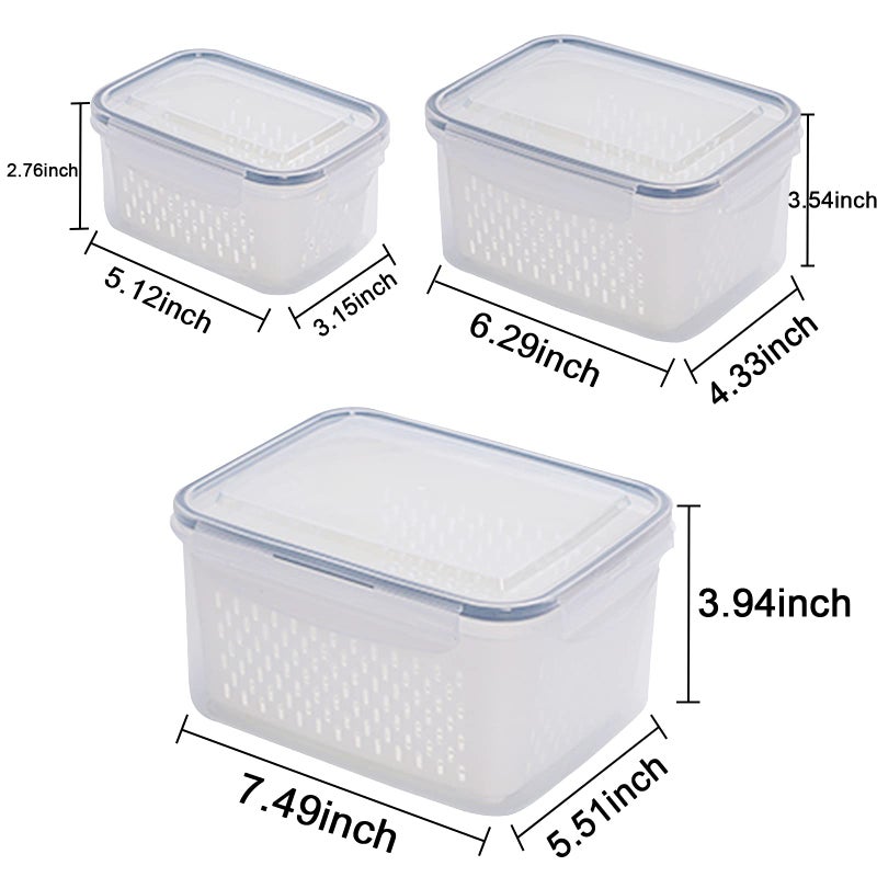 Ronanemon 3Pack Fridge Food Storage Container Set with Lids with Strainer Plastic Fresh Produce Saver Vegetable Fruit Meat Storage Organization  BPA-Free Plastic Produce Keepers(3.15L+1.7L+0.8L) - Image 4